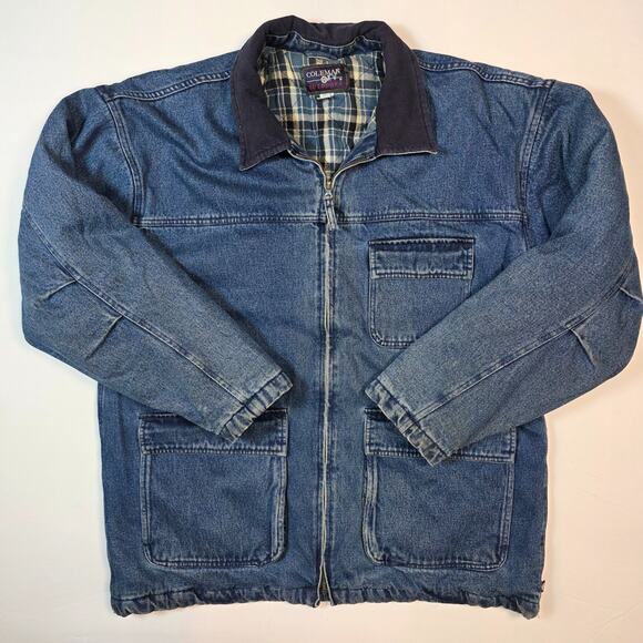 Coleman Outdoor Men's L VTG Denim Chore Jacket Lined Corduroy Collar Distressed - Picture 1 of 15